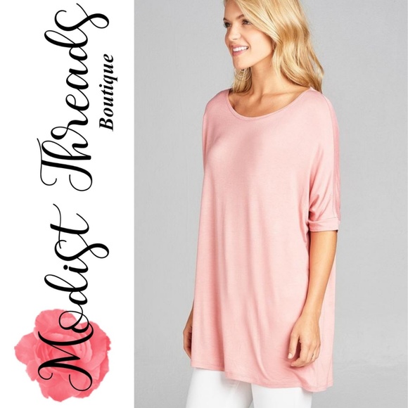 Pink Elbow Sleeve Round Neck Jersey Tunic Top - Picture 2 of 3